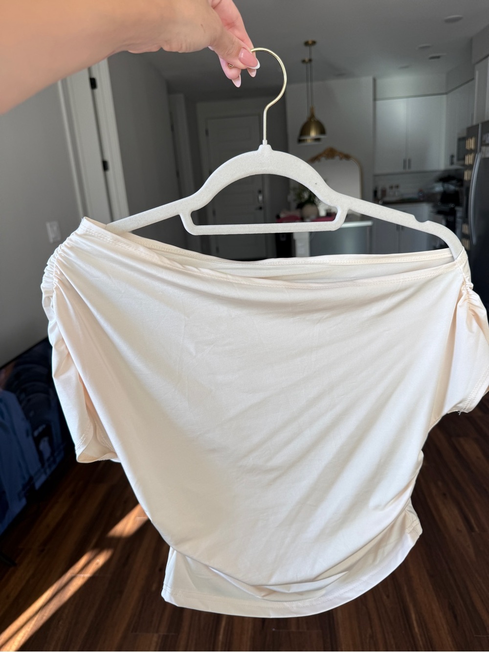 Women's Cream Off-Shoulder Ruched Sleeve Top